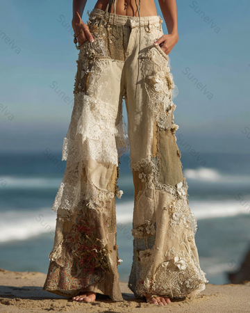 Women's Outdoor Fashion Floral Embroidery Color Block Gradient Denim Linen Pants 1803