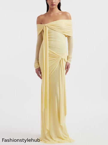 Off-Shoulder Draped Yellow Gown
