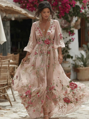 Women's Vintage Floral Embroidered Linen Blend Dress 1d45