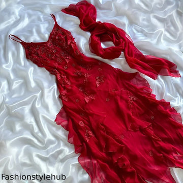Red gorgeous fashion classy pretty exquisite beaded long chiffon ruffles handmade custom ball gown evening dress party dress