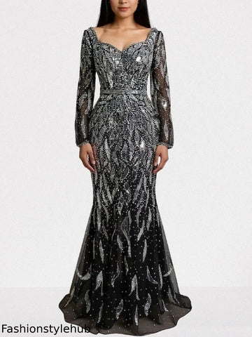 Black Mirror-Embellished Long Sleeve Mermaid Gown