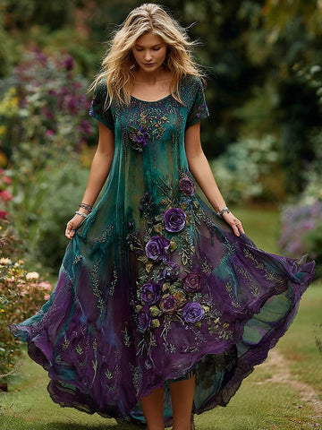 Women's Vintage Floral Embroidery Gradient Pattern Round Neck Dress 5e0e