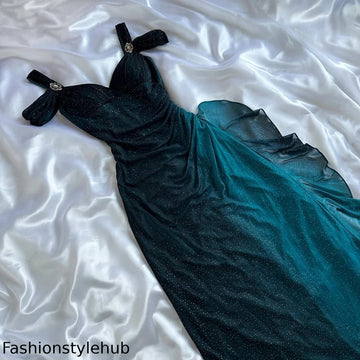 Teal Fashion Shiny Gradient Straps Long Elegant Chiffon Ruffle Formal Prom Dress, Evening Dress, Party Dress