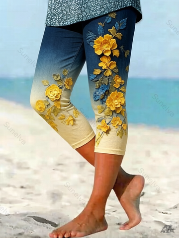 Women's Outdoor Fashion Gradient Color Floral Embroidery Leggings  9043