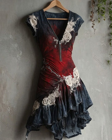 Women's Summer Vacation Style Irregular Ruffled Floral Embroidered Mini Dress 4147