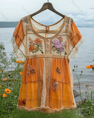 Women's Summer Floral Embroidered Patchwork Linen Blouse 3487