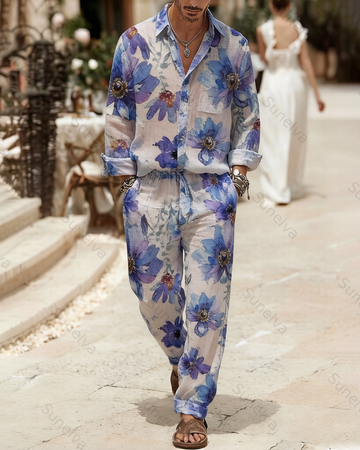 Men's Fashion Color-Blocked Print Long-Sleeve Shirt and Pants Two-Piece Set 7125
