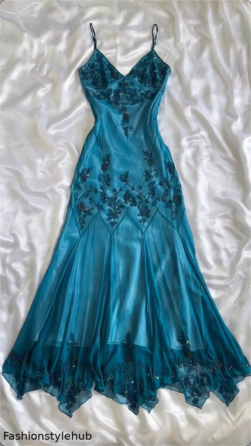 Blue shiny fashion exquisite beaded spaetti strap long chiffon ball gown evening dress party dress