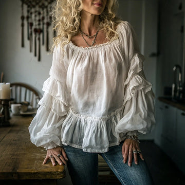 Women's Elegant, Loose, Comfortable, Slightly Sheer, Breathable, Pleated Linen Square Neck Puff-sleeved Top