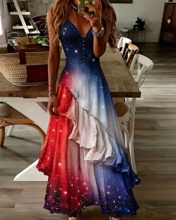 Women's Retro Elegant Stars and Stripes Gradient Color Ruffled Linen Dress 7338
