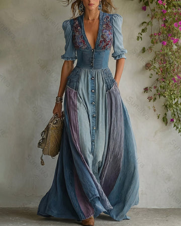 Women's Summer Elegant Floral Embroidered Patchwork Linen Dress 9773