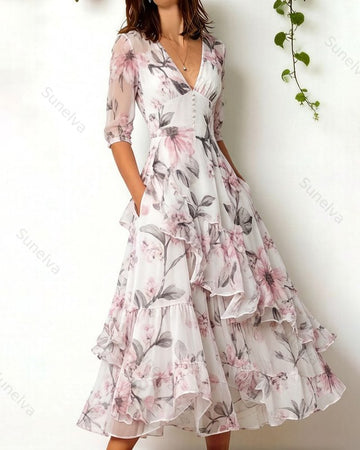Women's Retro Elegant Floral Print Irregular Ruffle Patchwork Linen Dress 4031
