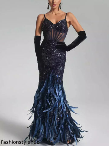 Sequin Corset Gown with Feather Trim