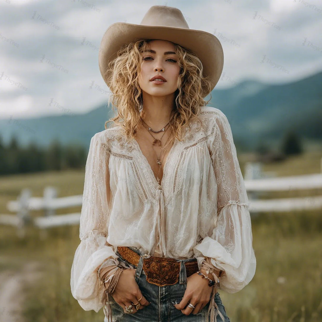 Outdoor Retro Bohemian Style Lightweight Lace Chiffon V-neck High-waisted Long-sleeved T-shirt Top