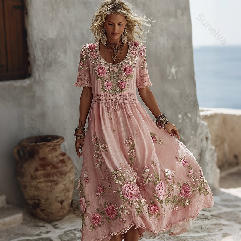 Women's Floral Art Print Flowy Linen Blend Casual Short Sleeve Maxi Dress 9360