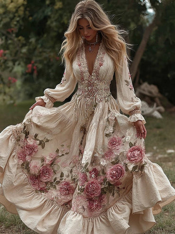 Comstylish Women's Vintage Roses Embroidery Art V-neck Long Sleeves Maxi Dress fb60