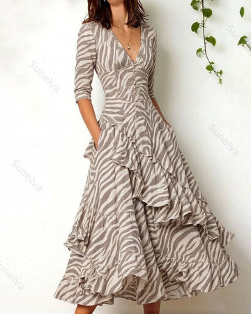 Women's Retro Elegant Wave Print Irregular Ruffle Patchwork Linen Dress 3243