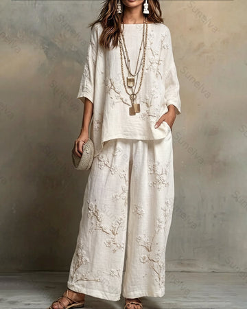 Women's Summer Resort Floral Embroidered Linen short-sleeved top & Pants Two-Piece Set   7941