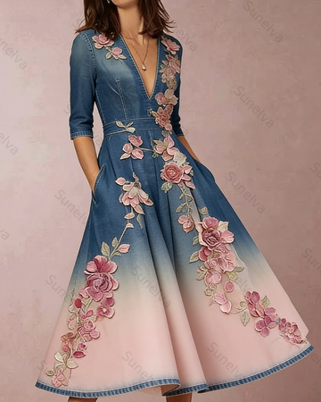 Women's Vacation Irregular Ruffle Flowers Embroidery Patchwork Dress 3511