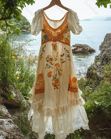 Women's Summer Floral Embroidered Patchwork Linen Dress 9393
