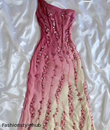 Pink fashion elegant one shoulder gradient beaded A-line long ball gown evening dress