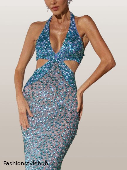 Cut-Out Halterneck Rhinestone Stretch Gown