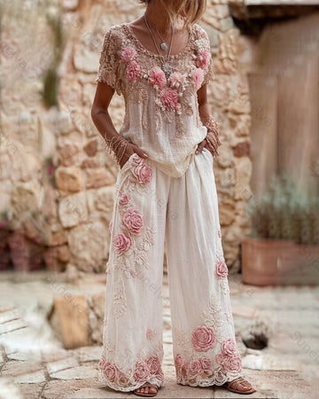 Women's Summer Floral Embroidered Linen Short-Sleeve Top and Long Pants Set 2226