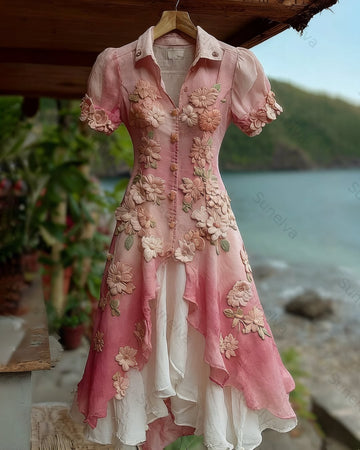 Women's Summer Vacation Floral Embroidered Gradient Short-Sleeve Dress 2229