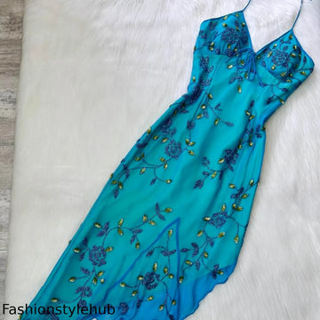 Blue Beaded Floral Long Chiffon Ball Gown Evening Gown Party Dress