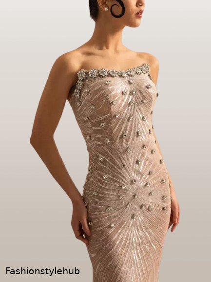 Embellished Strapless Long Beige Gown