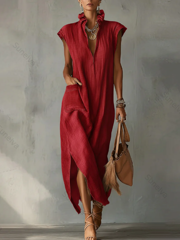 Women’s Ruffle Collar Cotton Linen Midi Dress – Elegant Summer Dress 5a17