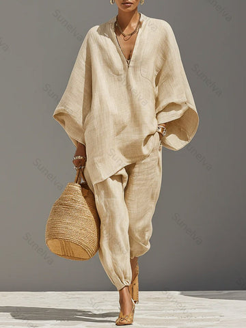 Women's Solid Color V-neck Long Sleeve Casual Loose Cotton Linen Top With Elastic Waist And Wide-leg Pants Set 4aad