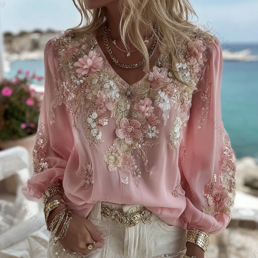 Women's Pink Floral Embroidered Art V-neck Long Sleeve Blouse 95b7