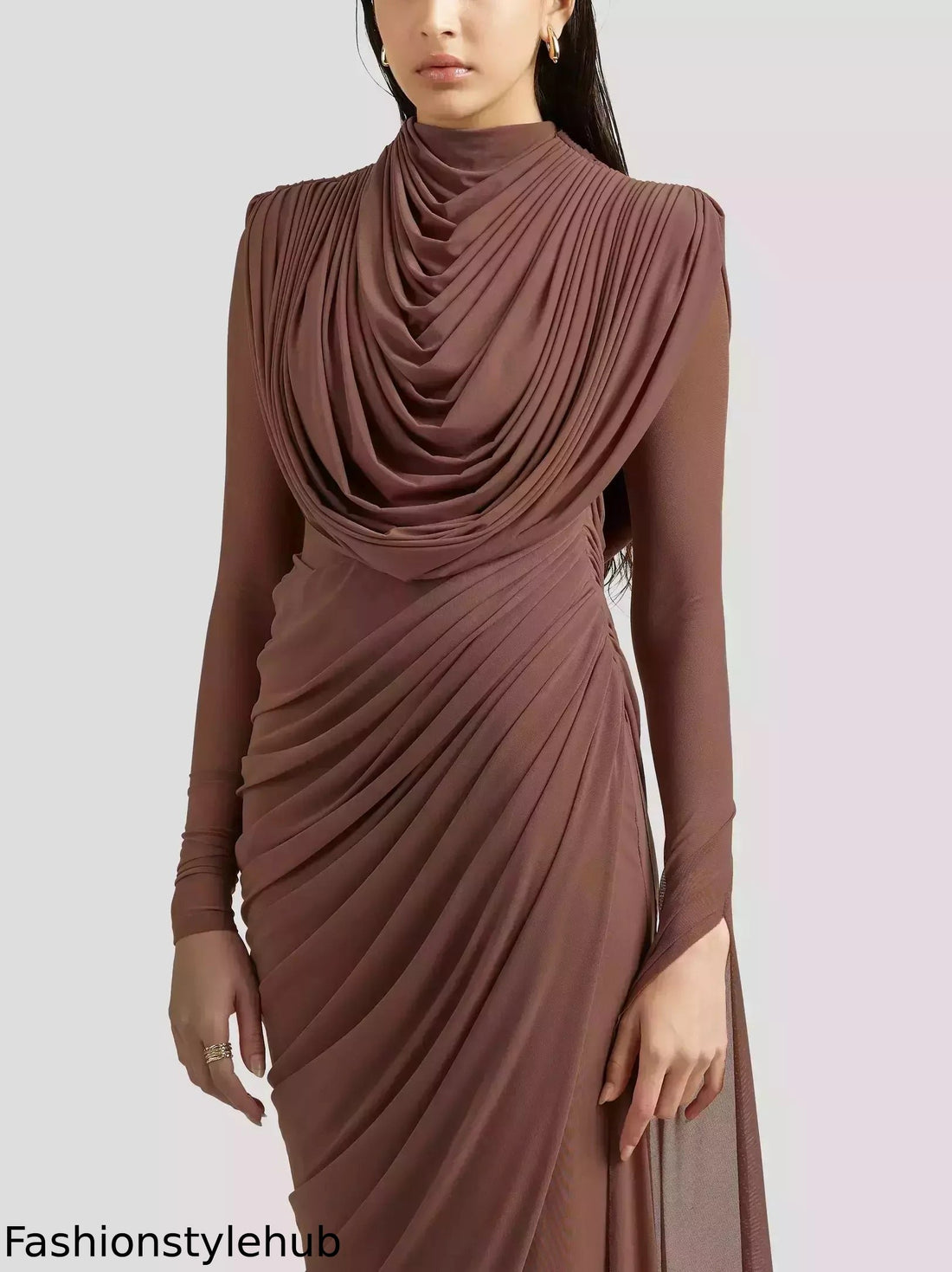 Draped Cowl-Neck Long Gown in Mocha Brown