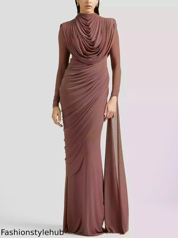 Draped Cowl-Neck Long Gown in Mocha Brown