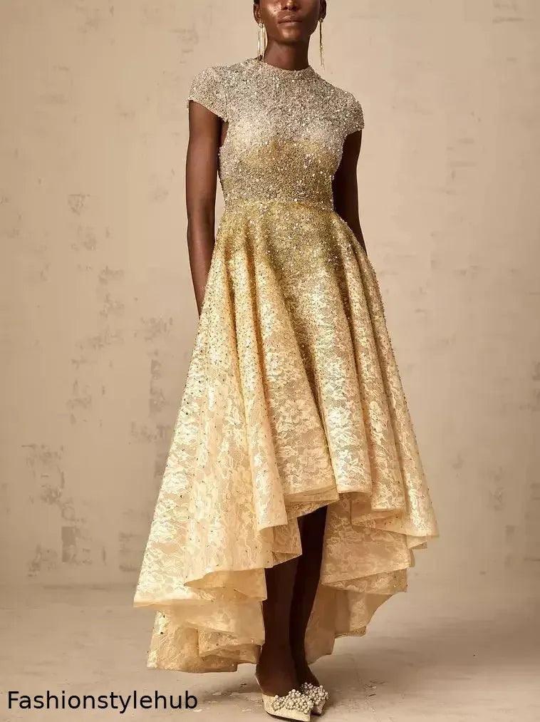 Asymmetrical Gold Sequin-Embellished Cap-Sleeve Dress
