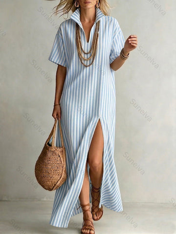 Stylish Stand-collar Striped Loose-fit Cotton-linen Maxi Dress 626e