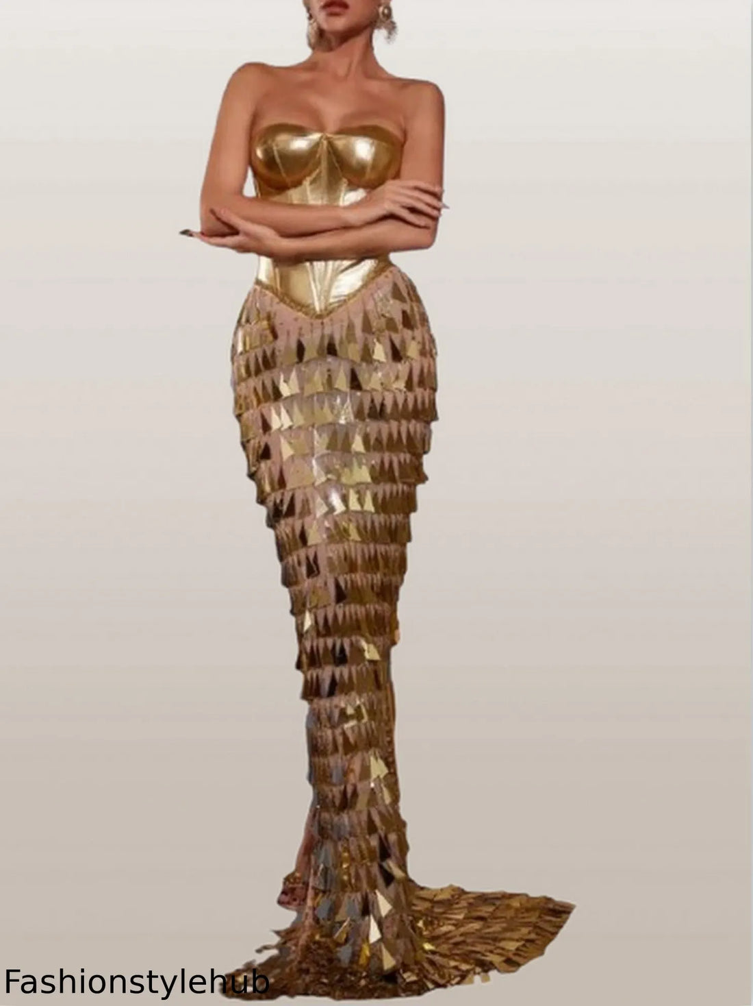 Gold Corset Gown with Hanging Applique Details