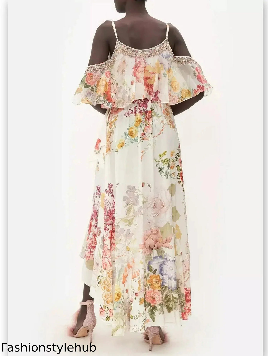 Floral Printed Cold-Shoulder Ruffle Silk Dress