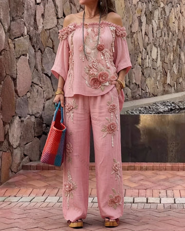 Women's Summer Resort Style Floral Embroidered Linen Top and Pants Two-Piece Set  3581