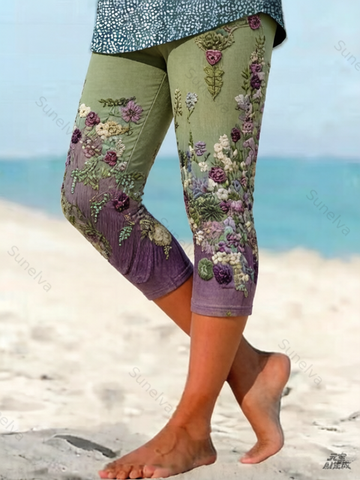 Women's Outdoor Fashion Gradient Color Floral Embroidery Leggings  4643