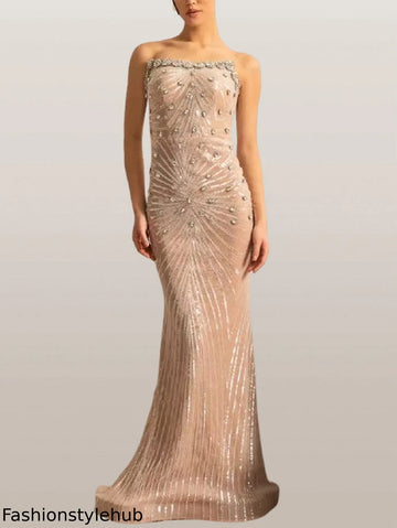 Embellished Strapless Long Beige Gown