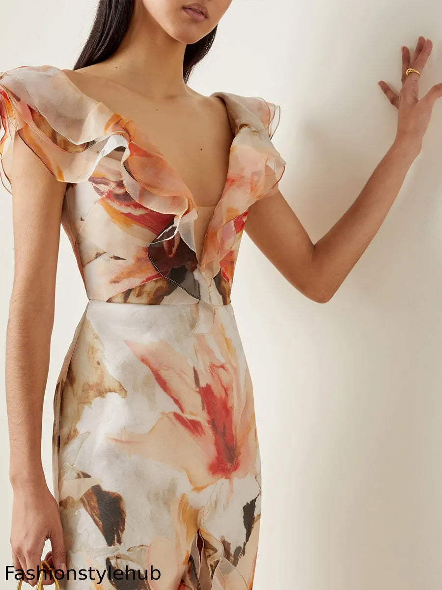Elegant Romantic V Neck Flower Party Holiday Evening Dress