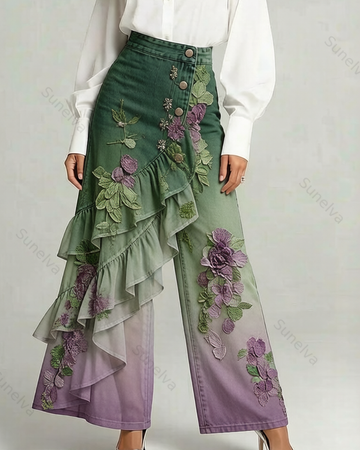 Women's Summer Elegant Floral Embroidery Ruffled Patchwork Gradient Denim Jeans  4970