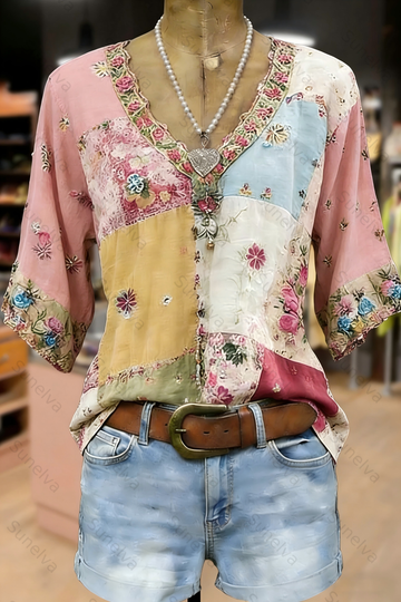 Bohemian Style Linen Floral Art Print  Long Sleeve Shirt b371