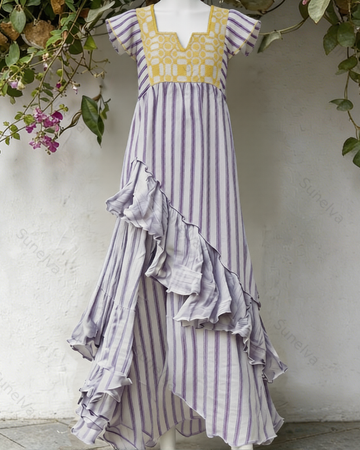 Women's Vacation Contrasting Color Irregular Ruffle Linen Dress 3412