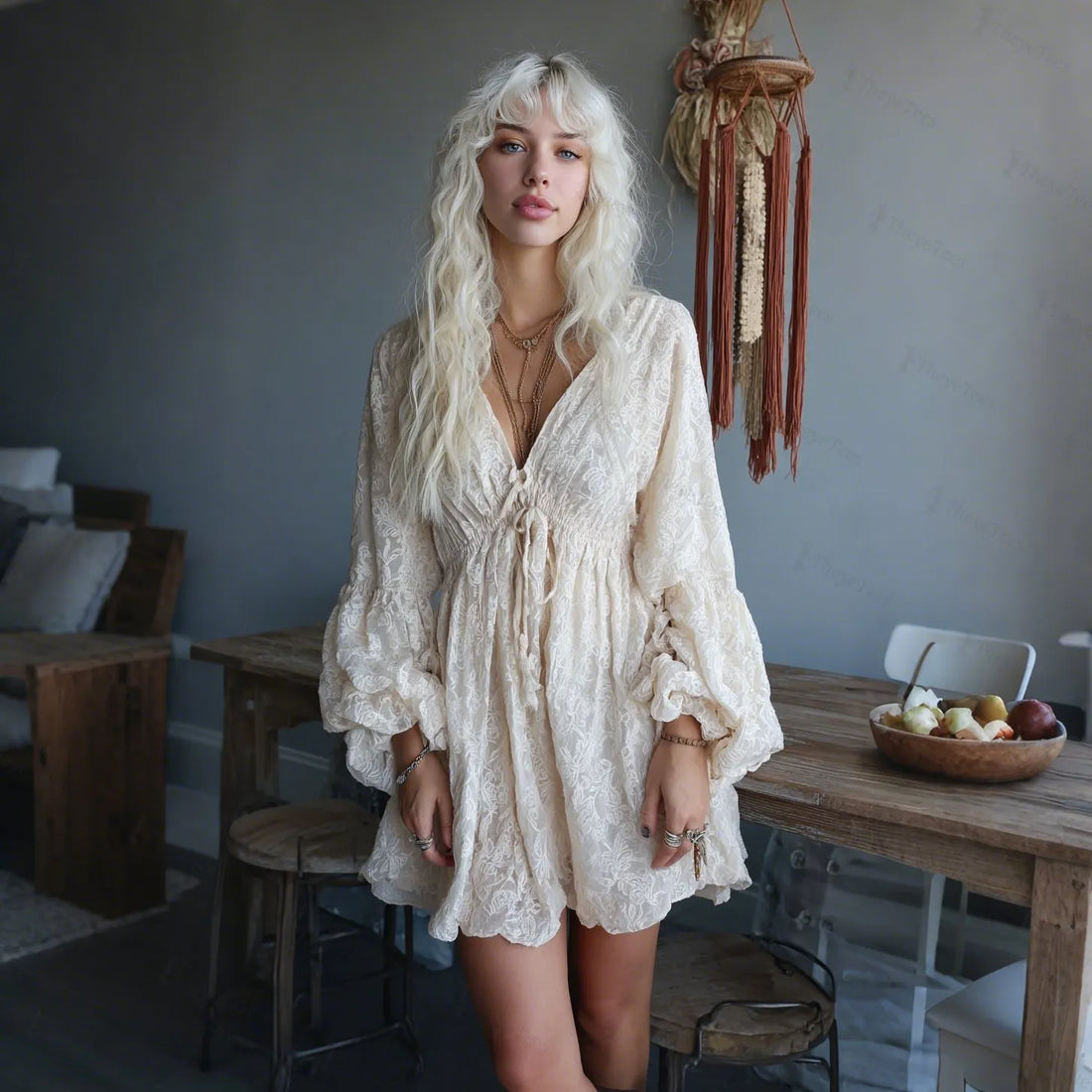 Women's Holiday Casual Elegant High-Waisted Lantern Sleeve Oversized Lace Dress