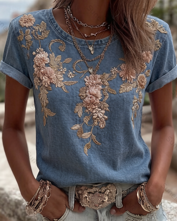 Women's Spring/Summer Fashion Floral Embroidered Top 7283