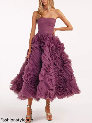 Strapless Purple 3D Floral Tulle Dress