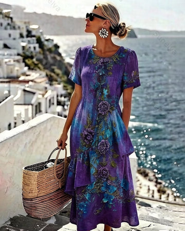 Women's Elegant Asymmetrical Ruffled Linen Floral Dress 1371
